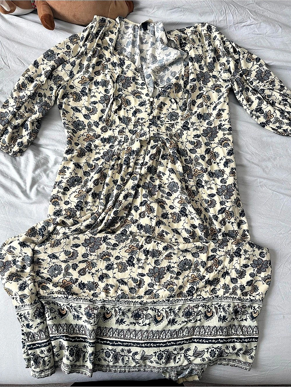 Universal Thread Floral Long-Sleeve High-Neck Dress Cream & Blue XXL